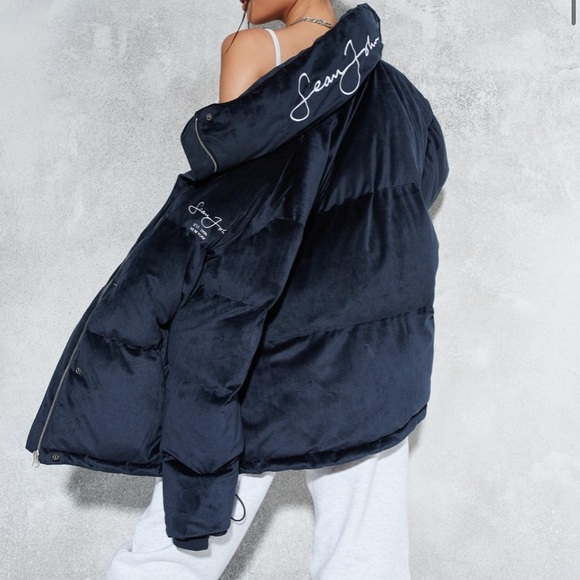 sean john x missguided navy premium velour oversized puff-a coat - Picture 1 of 7